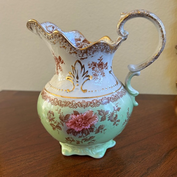 Antique WTM Smith Long port - England porcelain Floral Pitcher with Gold Accents